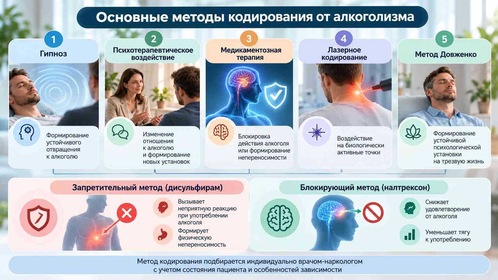 Основные методы кодирования от алкоголизма. Инфографика о пяти методах кодирования от алкоголизма и различиях между запретительной и блокирующей медикаментозной терапией.